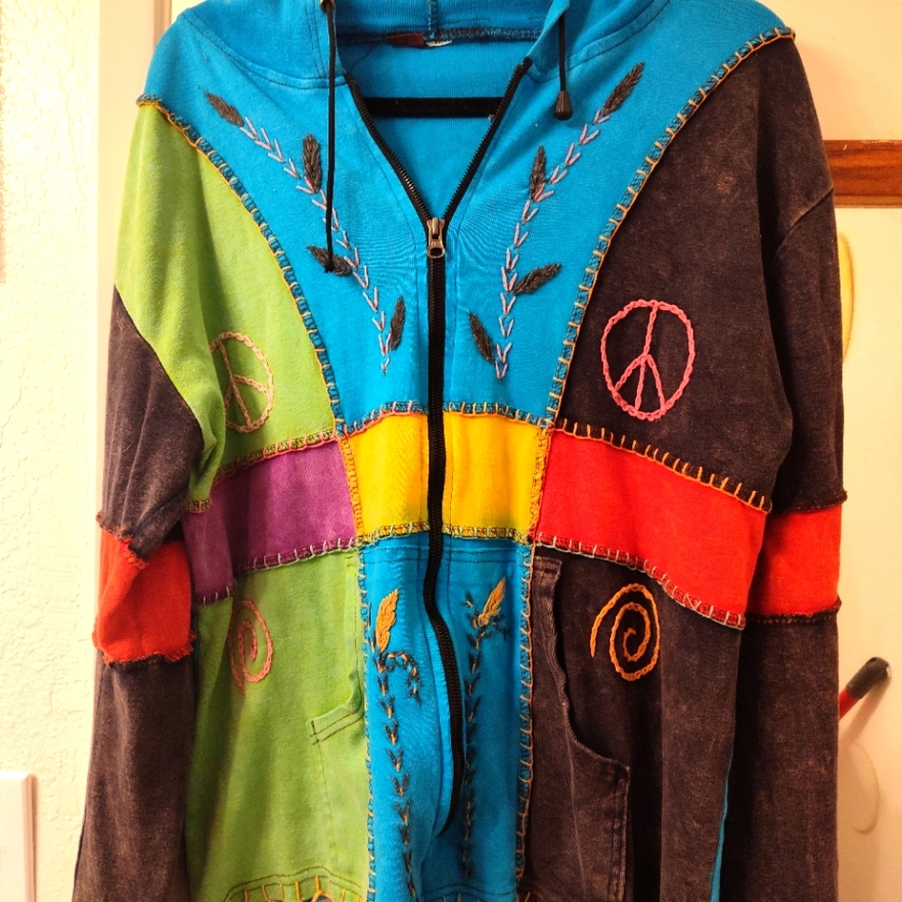 Colorful Patchwork Hoodie with Peace Symbols